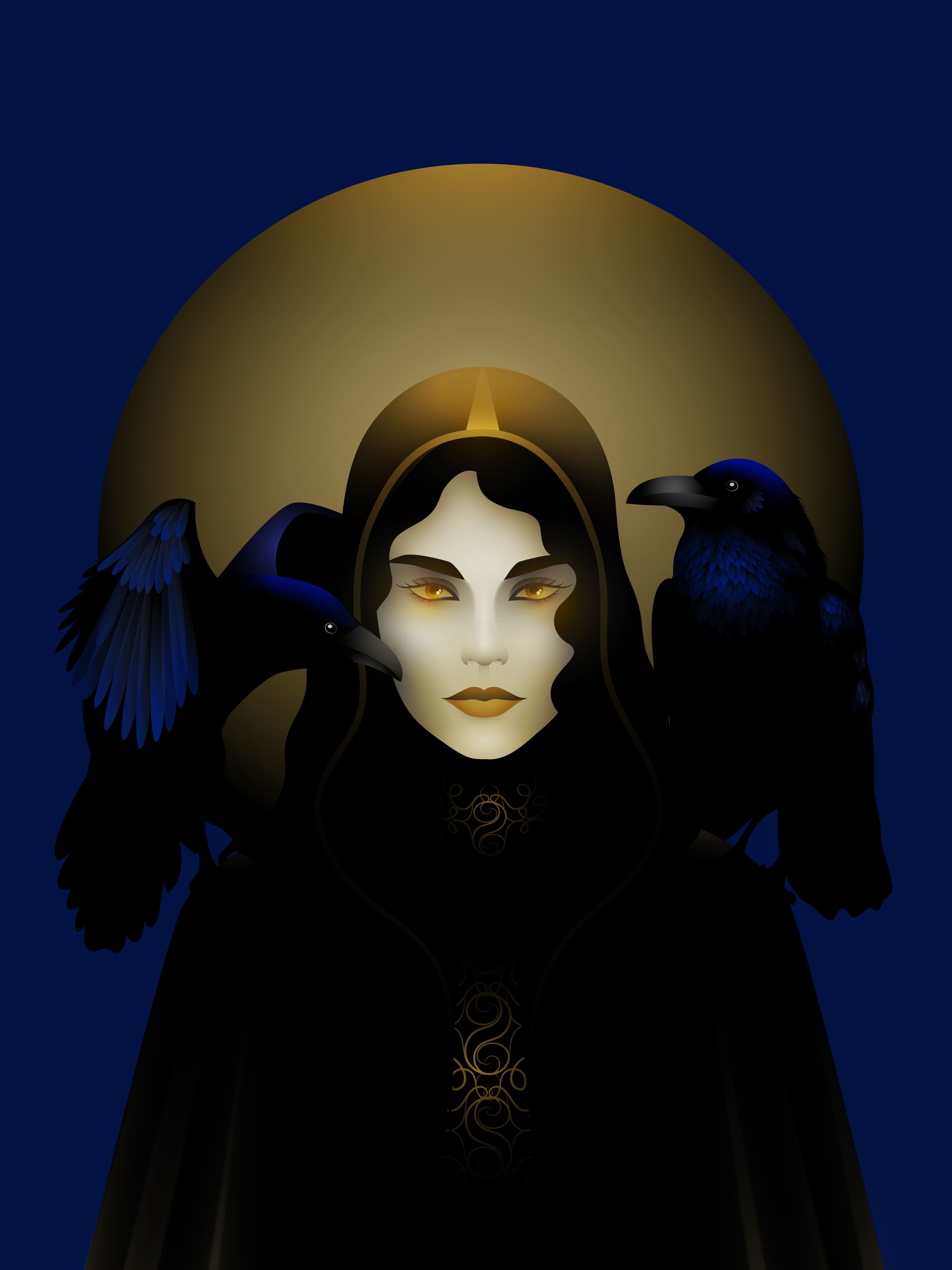 A mysterios woman with ravens